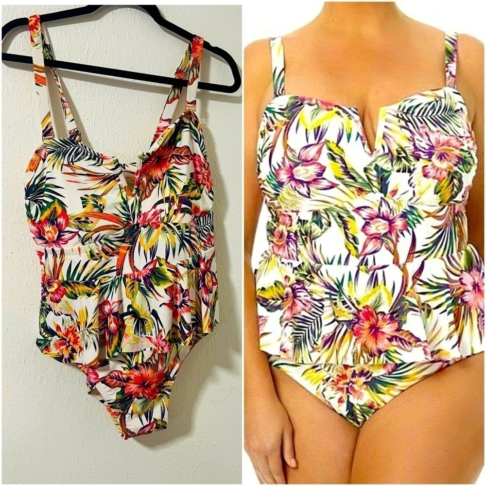 Terra & Sky Women’s Plus 0X (14W) Bathing Suit Floral Print Tummy Control NWT